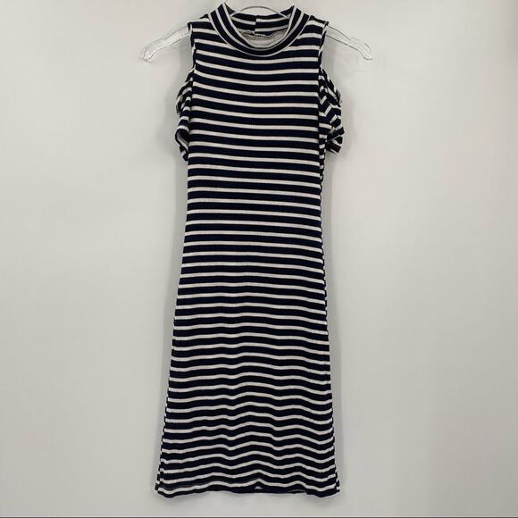 VELVET Torch Women’s Bodycon Cold Shoulder Dress, Striped, Navy & White, Size S - Picture 2 of 6